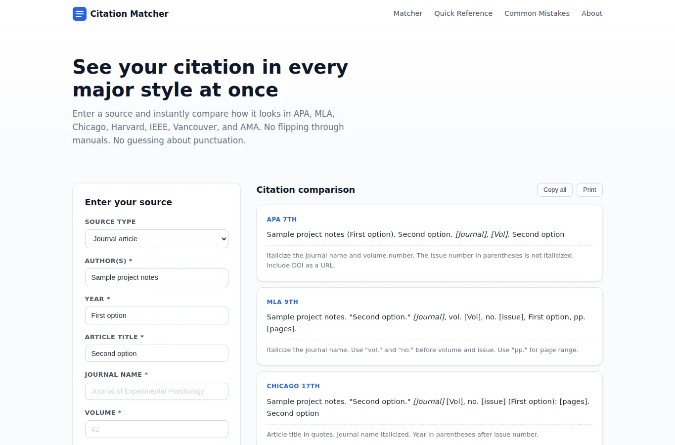 Screenshot of Academic Citation Style Matcher interface showing the project page in use